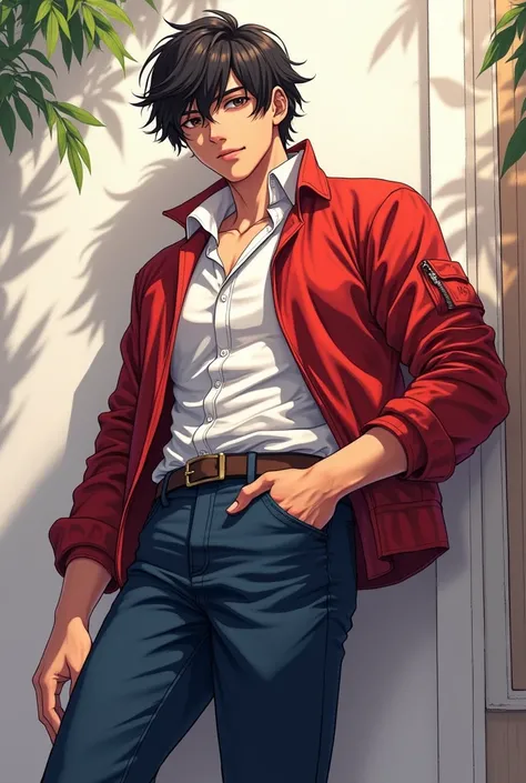 Hot teenage anime boy wearing tight navy blue jeans with white shirt and a red jacket with thick thighs