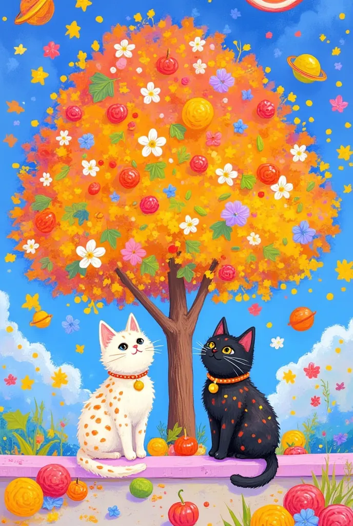 there are Two cats sitting on a ledge under a tree, 在autumn, 🍁  cute, 🍂  cute, autumn, illustration of 2 cats, Cat  , Two cats, 在autumn, autumn, illustration!, autumn, anime visual of a  cute cat, cat cat , season!! : 🌸 ☀ 🍂 ❄,  nothing 