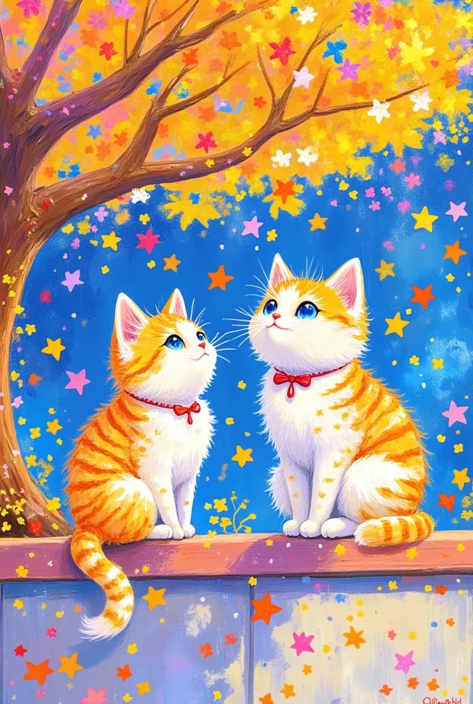 there are two cats sitting on a ledge under a tree, maki haku , pixiv,  furry art , 在autumn, 🍁  cute, 🍂  cute, autumn, illustrat...