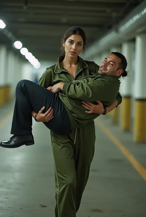 create a real image: smiling tall Beautiful Turkish brunette athletic actress in olive satin track suit tied hair, carries passed-out overweight man in her arms in a underground parking lot, front angle, natural , she has super strength, wide angle view, a...