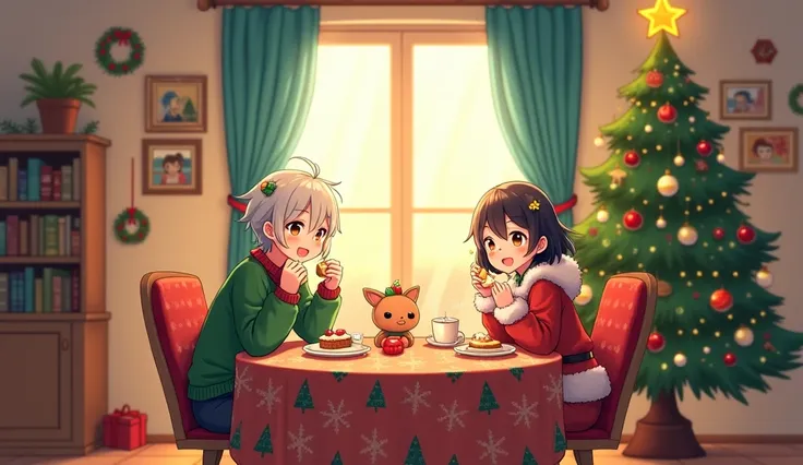 "A cozy, cheerful Christmas scene in a warm, sunlit room, rendered in vibrant, detailed anime style. Two joyful ren sit at a round table covered with a colorful holiday-themed tablecloth, enjoying festive treats and drinks. One , with short, messy hair and...