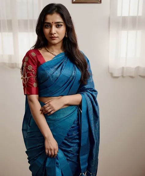 anupa in blue sari and red blouse posing for the camera, blue colored traditional wear, very extremely beautiful, with lovely look, inspired by T. K. Padmini, candid picture, traditional beauty, very beautiful photo, very beautiful enga style, dressed in a...