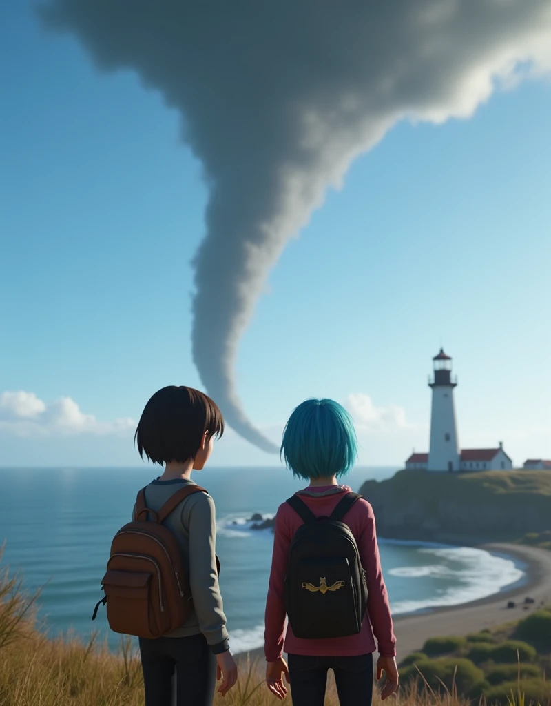 "Life is Strange" screenshot, 3DCG computer game developed by DONTNOD. Two high school girls, Max and Chloe, are in a rural town facing the Pacific Ocean in Oregon, a lighthouse on a cape, blue skies, and a giant tornado is far away. Max and Chloe are stan...