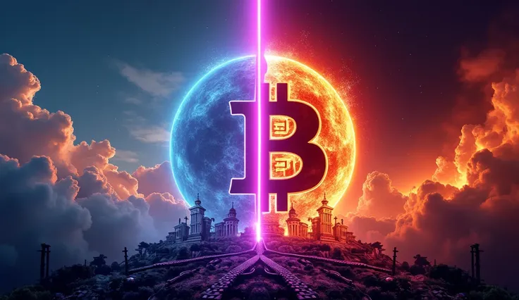 "A symbolic image split into two halves. On the left side, the Bitcoin symbol (₿) floats in the sky among fluffy clouds and glowing neon hues of white and blue, surrounded by heavenly palaces and rays of golden light representing prosperity, innovation, an...