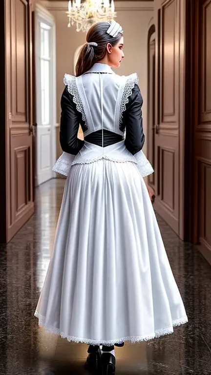  housekeepers ４０Generation of women　 Brazilian beauty 　 Victoria Morning Style Long Skirt Maid Outfit in White and Black　Cleaning the guest room floor 　 attractive buttocks are attached to clothes and emphasized　 white knee-high socks and black womens shoe...