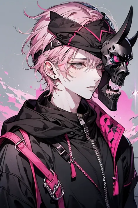 Beautiful young man, pink-haired, ((Gray eyes)), shoulder length hair, Black mask, Black hoodie, Hood Up,High quality, amount of drawing, pixiv illustration