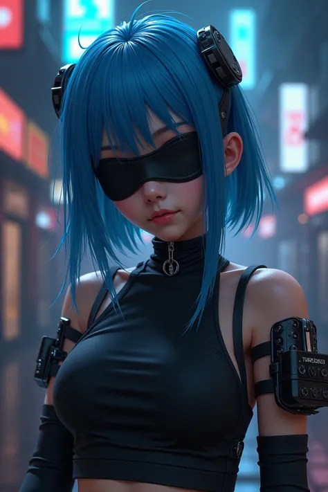 Anime girl with blue hair, a black blindfold, and cybernetic guns 