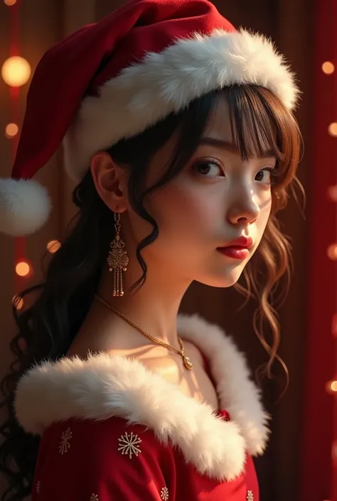 (  photorealism:1.2),   Beauty , I&#39;interior,  soft lighting , A  ,  Details are complicated ,  warm shades, Dark Eyes, 18 years old ，  Christmas costume with only a realistic face、  red christmas background  