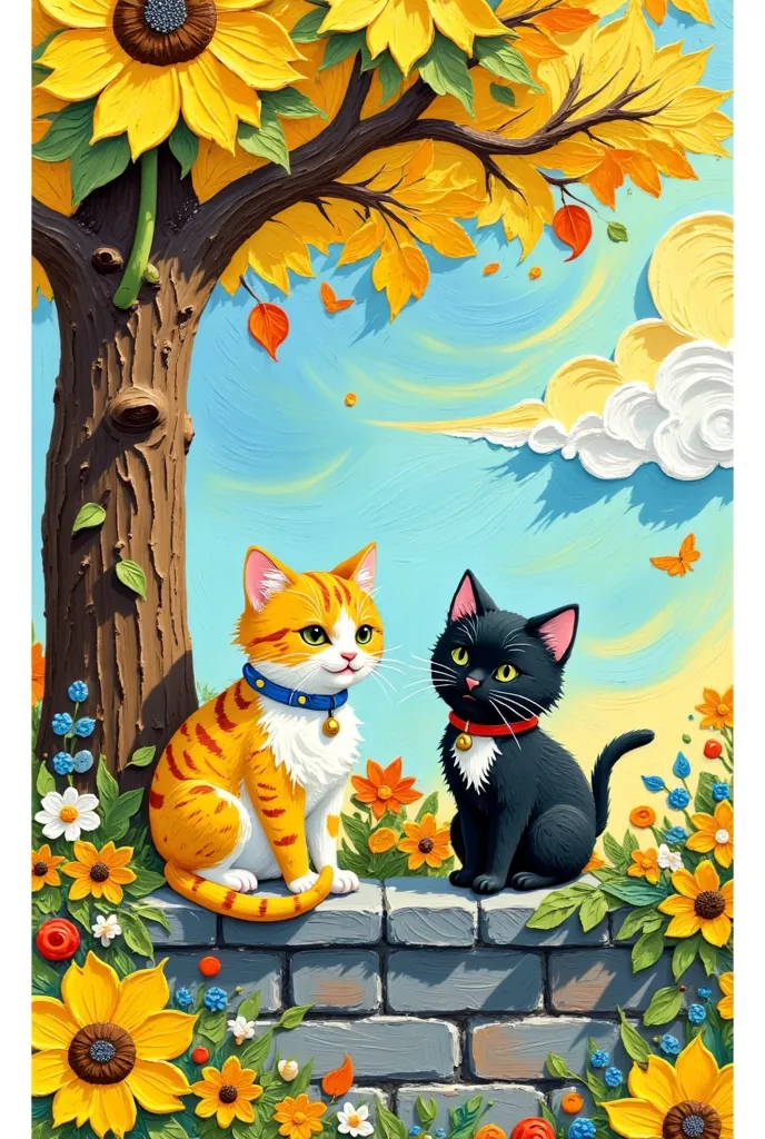 there are two cats sitting on a ledge under a tree, 在autumn, 🍁  cute, 🍂  cute, autumn, illustration of 2 cats, cat  , two cats, ...