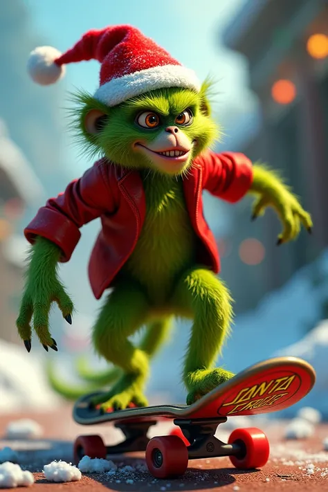 Spider monkey dressed as The Grinch riding Santa Cruz skateboard 