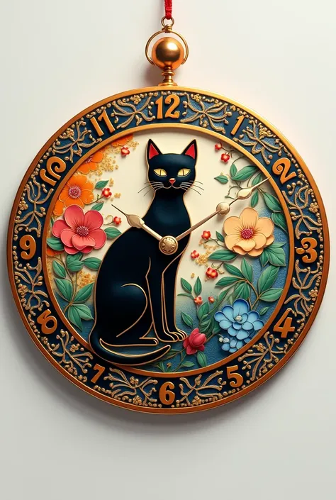 cloisonné enameling,  cat, glossy finish, round emblem, Simple lines, There are numbers to indicate the time, but no hands.Flat,
