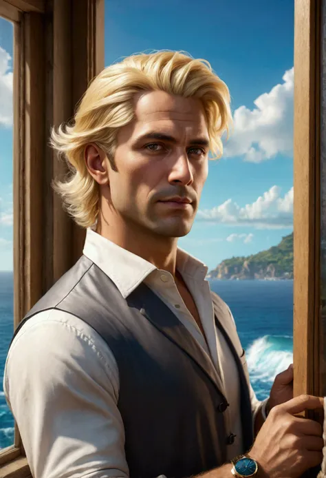 30yo man, blonde hair, shopkeeper, window with ocean background, incredibly absurdres, best quality, portrait, ((extreme detail)),(ultra-detailed), extremely detailed CG unity 8k wallpaper