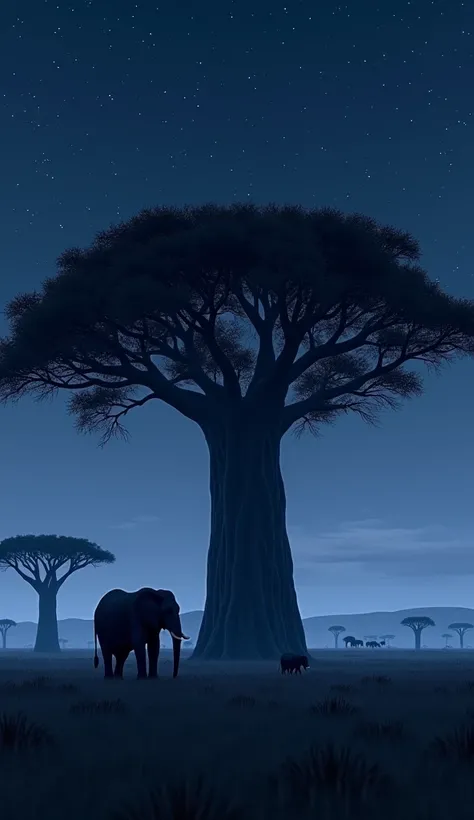 animation,3D,"A peaceful night scene under a starry sky. An elephant stands under the shade of a large baobab tree, its silhouette majestic against the dark sky. Nearby, the rest of the herd is visible in soft shadows. The tranquil ambiance is enhanced by ...