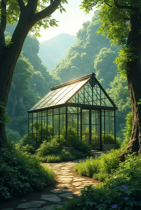 Green house with forest in the background