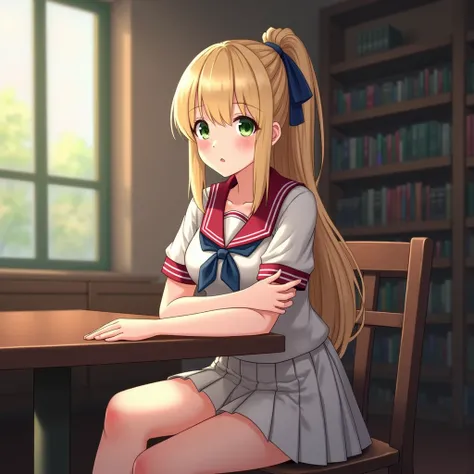 ((masterpiece,  Best Quality ,  High resolution )), 1 sweet and sexy young woman, ,  mature,  Green Eyes , Blonde Long Hair Tied With Blue Ribbon , blunt bangs, sitting, Cross your arms on the table, sleeping with arms folded,  school uniform, White unifor...