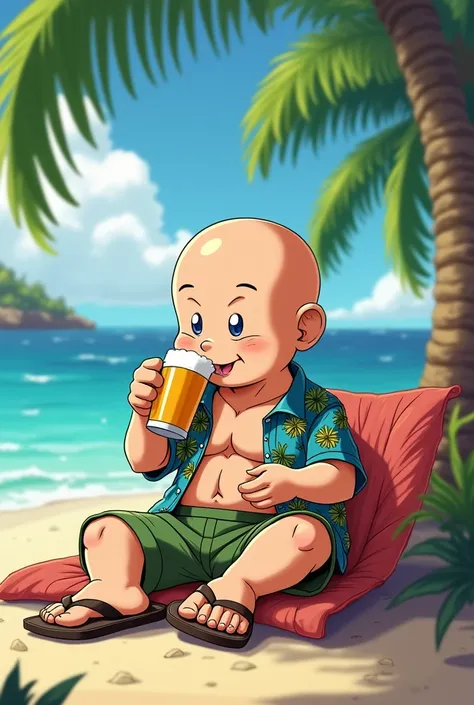 Krilin wearing flip flops and drinking beer