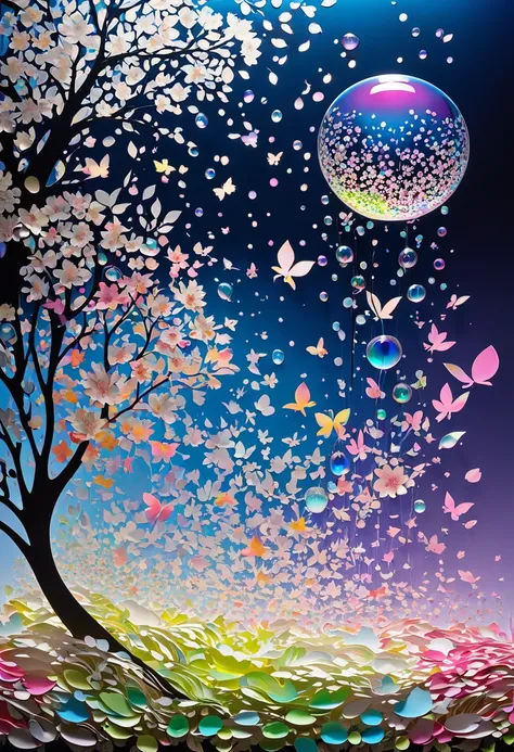 A cross-fade of two images (50%/50%), one of lily and cherry blossom petals created through a fusion of paper cutting and shadow art, the other of iridescent soap bubbles raining from the sky and gushing out of the ground, bold and dynamic, contrasts of li...