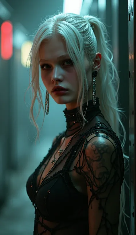 a beautiful female replicant with white hair from the film Blade Runner, detailed face and eyes, porcelain skin, elegant posture, high fashion dress, dramatic lighting, cinematic composition, photorealistic, dark dystopian cyberpunk atmosphere, chiaroscuro...