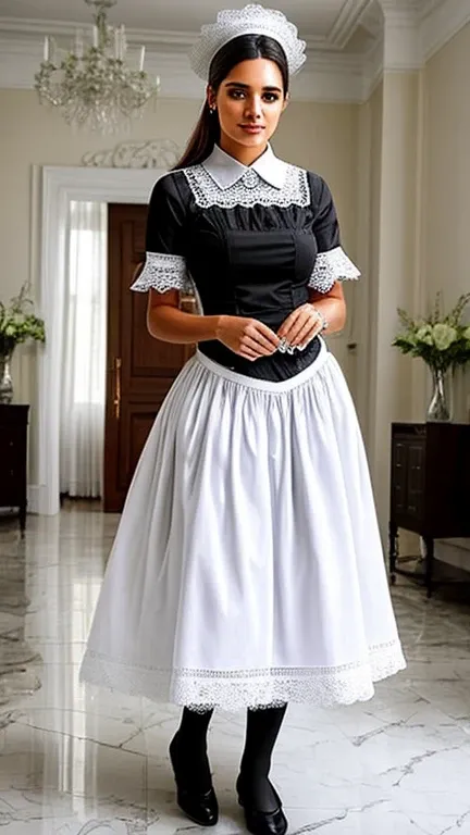  housekeepers ４０Generation of women　 Brazilian beauty 　 Victoria Morning Style Long Skirt Maid Outfit in White and Black　Cleaning the guest room floor 　 attractive buttocks are attached to clothes and emphasized　 white knee-high socks and black womens shoe...