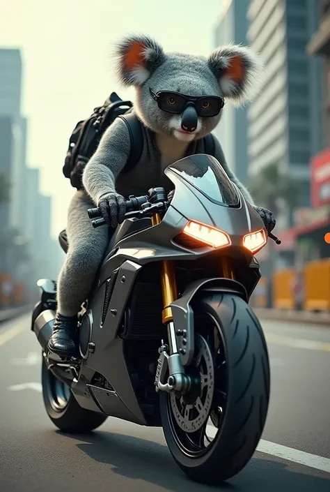 Koala driving the Voge DSX 525 motorcycle with lenses and backpack