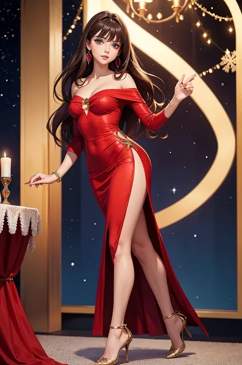 6 ft tall, athletic woman with long brown hair, bangs, blue eyes, 36C breasts, beautiful, makeup, jewelry, small earrings, long dress, off shoulder dress, red dress, long side skirts, open side skirts, high heels, ballroom, Christmas decor, night time