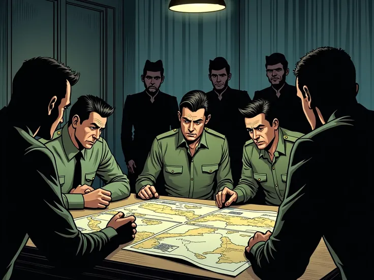 generate me comic scene Scene 1: Tensions Brewing
Setting: A Jakarta military office, late evening, September 30, 1965. A group of conspirators gathers around a dimly lit table.

Caption:
“Jakarta, September 30, 1965. A storm is brewing within the shadows ...