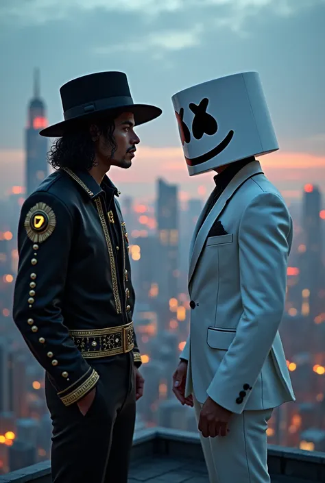 Create an image of Michael Jackson and Marshmello looking face to face hyperrealistic on top of a building