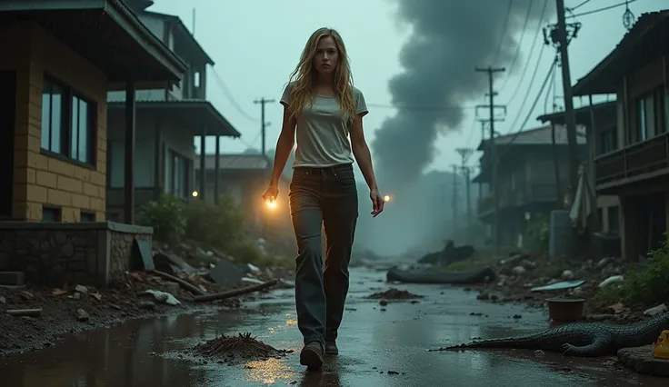 Young American . Her hair is long yellow . She was wearing trousers and a T-shirt, and her muscles were split, holding a luminous torch in her hand . Standing in front of the camera . She comes out of a house on the street in a destroyed area from a rain f...