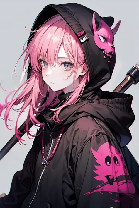 Beautiful young man, pink-haired, ((Gray eyes)), shoulder length hair, Black mask, Black hoodie, Hood Up,High quality, amount of drawing, pixiv illustration