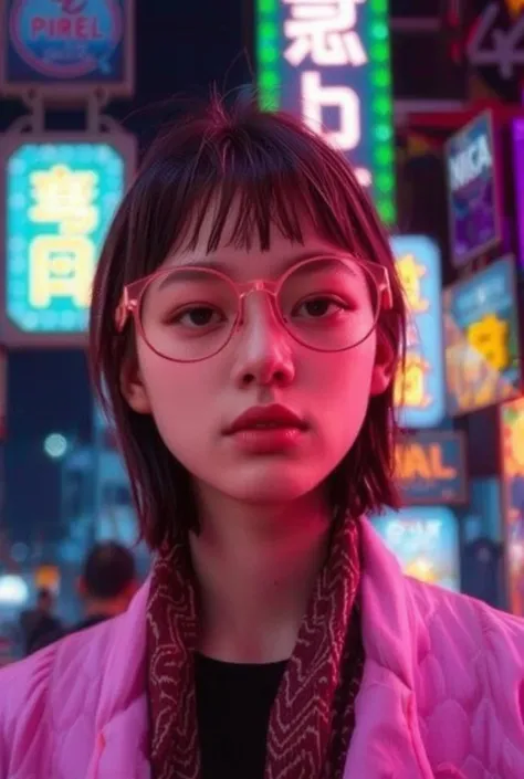 ((1girl, long black hair, blunt haircut, confident smile, neon sun glasses, portrait)), ((small, slender build, short height, 1.50 meters in her 25years)), (())((elegant bearing)), ((beauty face)), ((wear pink jacket, scarf, mitene)), ((night neon city)), ...