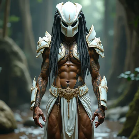 A full-body front and back image in one frame,  a male Predator with a slender athletic physique, in half body white and gold armor, loincloth is made of white sheer fabric with gold Thai embroidery, His armor is crafted from polished metallic alloys, The ...