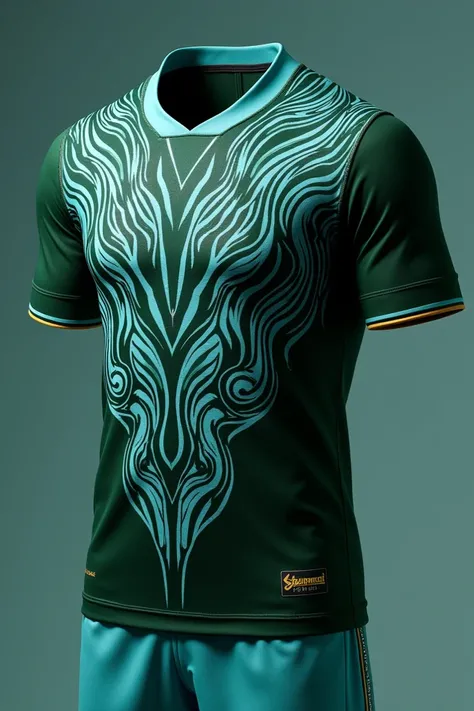 South African Springboks rugby jersey.
Dark green shirt with Pacific traditional designs from the shoulders down to the chest line and aquamarine collar.
And aquamarine plain shorts.