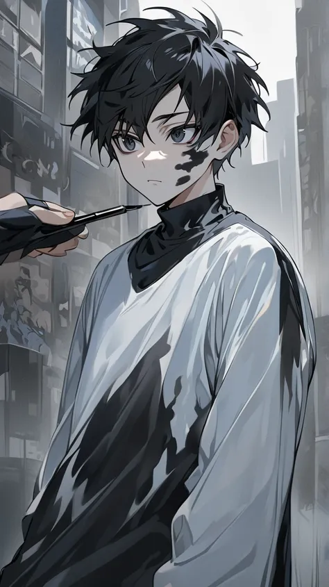 A teenage male character with long black hair, black eyes combined with blue and wearing a white long-sleeved shirt, asking for a long shirt, closed neck, looking ahead, is doing serious face painting with a brush, black building background., 