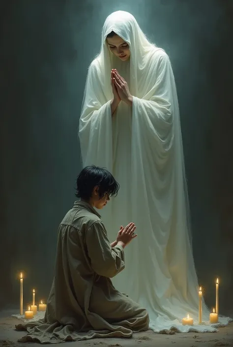 Create an image of a very sad person praying on their knees to a man