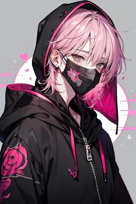 Beautiful young man, pink-haired, ((Gray eyes)), shoulder length hair, Black mask, Black hoodie, Hood Up,High quality, amount of drawing, pixiv illustration