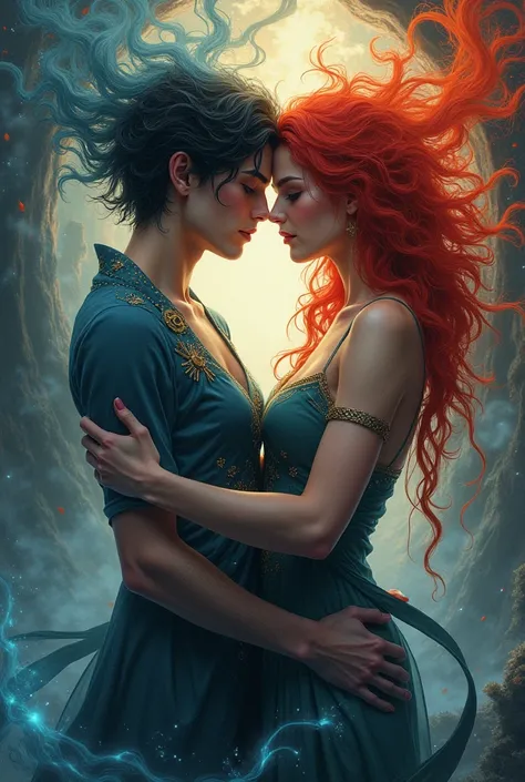 Create a fantasy cover about intertwined people THAT IS FANTASY AND HAS MAGIC that men with short black hair and women with red hair come out 