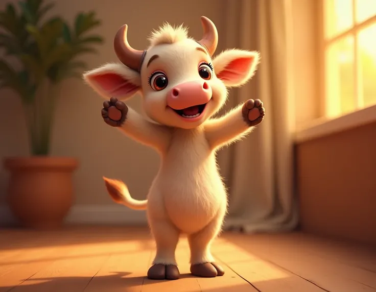 A cute calf，Stand with your legs straight，Waving hands in the air，Warm indoors，Warm Lights