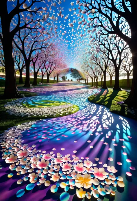 A cross-fade of two images, one of lily and cherry blossom petals created through a fusion of paper cutting and shadow art, the other of iridescent soap bubbles raining from the sky and gushing out of the ground, bold and dynamic, contrasts of light and sh...