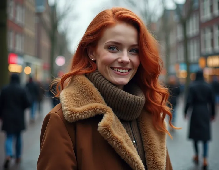 portrait of woman, phoebeisginger, smile, looking at camera, cinematic, posing in Amsterdame, its winter, fur coat, leather shoes, highly detailed, film grain