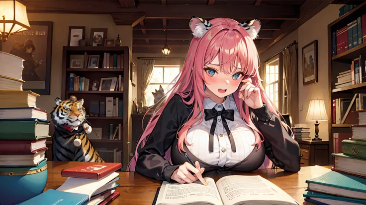 embarrassed woman having big tits, tiger with a clear and detailed face, animal, doll, one room, warm, studying, books, coffee