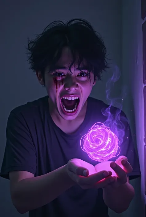 A young man holding the glowing purple ladies hair bun with a look of terror on his face. Blood starts dripping from his eyes as he screams in agony. The room is filled with a sinister, supernatural aura, with shadows creeping closer."