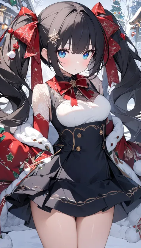  Christmas、snow景色、snow、evening、 Christmasツリー、Lots of ornaments 、( slim、1 person,  cute young woman, , medium bust,  black hair、 twin tail hair 、Azure Eyes、 big red lace ribbon on hair ),delicate beautiful eyes , eyes are drawn in detail , high definition ,...