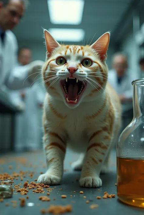 The cat in the laboratory begins to be aggressive and attacks more scientists  