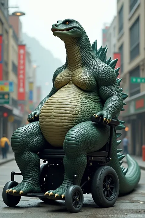 Generate me a godzilla sitting on wheelchair and fatter
