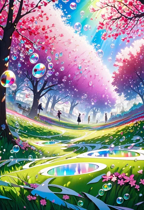 A cross-fade of two images (50%/50%), one of lily and cherry blossom petals created through a fusion of paper cutting and shadow art, the other of iridescent soap bubbles raining from the sky and gushing out of the ground, bold and dynamic, contrasts of li...