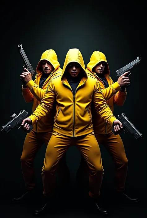 Make a sports logo of 3 gangsters wearing yellow clothes and a black background with the name Voltz Oficial and who are holding weapons