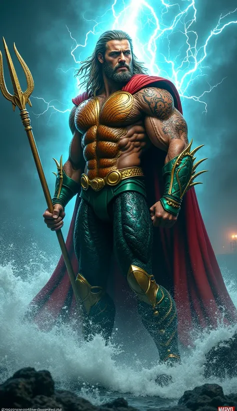 "A hybrid fusion of Thor and Aquaman into a single, seamless entity with a monstrous and dangerous appearance. The figure combines Thors muscular physique, flowing cape, and glowing lightning aura with Aquamans oceanic tattoos, trident, and fierce aquatic ...