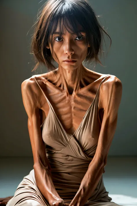 (Photorealistic),(Masterpiece),(ultra-detailed),a close shot of a very beautiful, very extremely veiny and extremely thin anorexic Japanese woman who is literally just skin and bones and because of being severely malnourished and looks so fragile and delic...