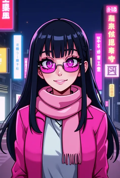 ((1girl, long black hair, blunt haircut, confident smile, neon sun glasses, portrait)), ((small, slender build, short height, 1.50 meters in her 25years)), (())((elegant bearing)), ((beauty face)), ((wear pink jacket, scarf, mitene)), ((night neon city)), ...