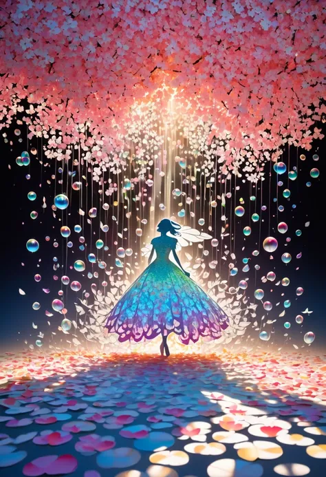 A cross-fade of two images, one of lily and cherry blossom petals created through a fusion of paper cutting and shadow art, the other of iridescent soap bubbles raining from the sky and gushing out of the ground, bold and dynamic, contrasts of light and sh...